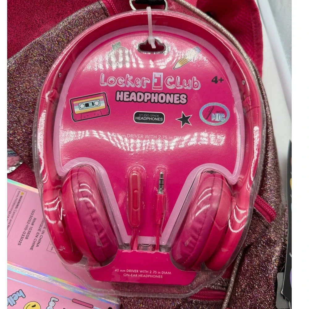Locker Club Pink Glitter Backpack Lunch Box Pencil Case Headphones 4pc Set